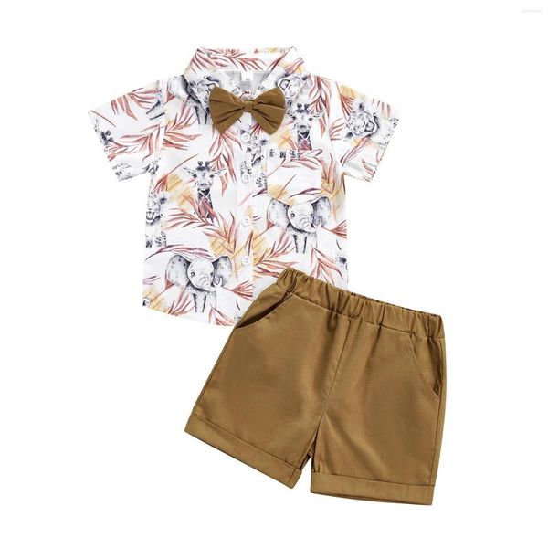 Set di abbigliamento da 2 pezzi abiti estivi per neonati ragazzi con stampa a foglia di foglie d'acqua a manicotto corto con pantaloncini di colore solido prua 1-6t