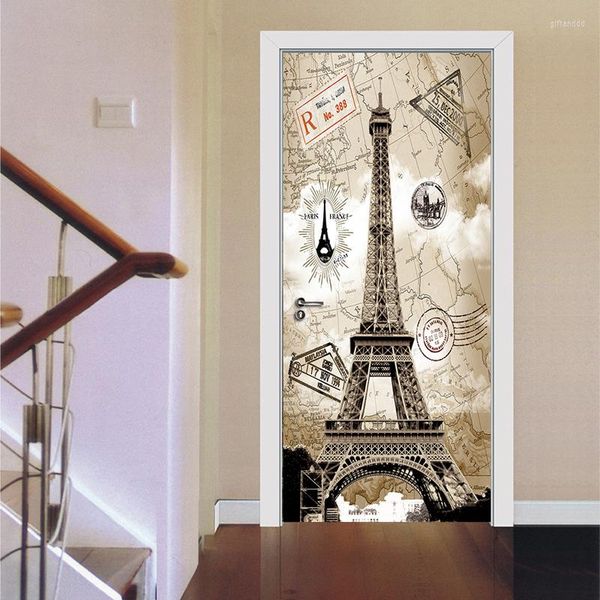 Sfondi 3D Adesivo per porte Soggiorno Camera da letto Decorazione murale Torre Eiffel di Parigi Adesivi autoadesivi impermeabili in PVC Carta da parati murale