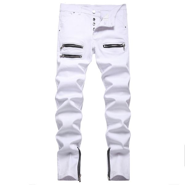 Jeans masculinos punk zíper hip hop slim fit white bicicleta elástica calça jeans de jeans de algodão Casual Jogging Male Roupas 230330