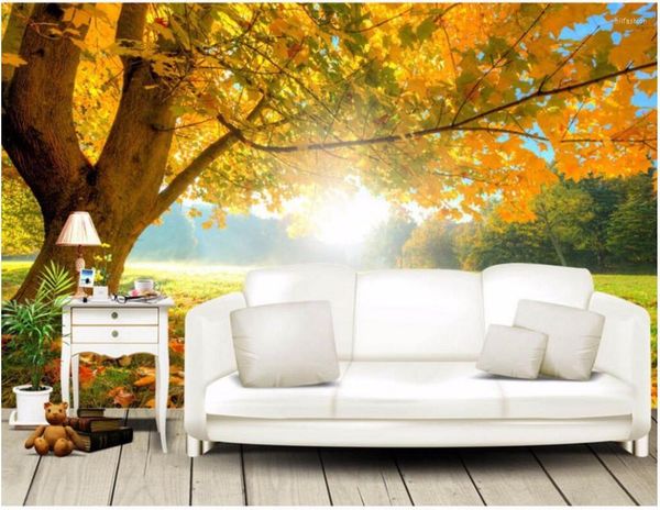 Papéis de parede personalizados PO 3D Papel de parede Golden Tree Autumn Forest Sunshine Painting Mural de parede para sala de estar