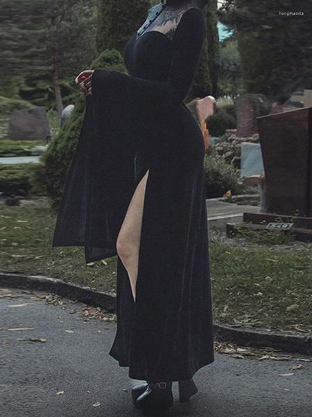 Vestidos casuais Goth Velvet Party Dress Long Side Black Split Sleeve Sluminge See através da Lace High Street estética Clubwear Maxi