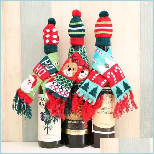 Decorazioni natalizie Mini maglia Babbo Natale Renna Albero Bottiglia di vino Sciarpa Cappello Festive Dot Stripe Tavolo da pranzo Decor Drop Delivery Dhxpa