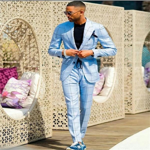 Abiti da uomo blazer moderni moderni a 2 pezzi Sky blue blu a blu plaid nobile a due pulsanti personalizzato Fit party wedding smoking pantaloni 2023men 2023men 2023men 2023MEN