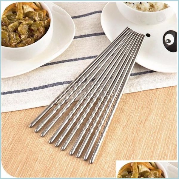 Essstäbchen 1 Paar Edelstahl Anti-Skip Thread Style Langlebig Splitter Food Chop Sticks Küchenzubehör Drop Delivery Home Gard Dh6Qa