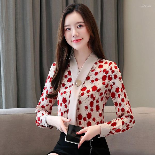 Damen Blusen 2023 Herbst Büro Rot Polka Dot V-Ausschnitt Streamer Langarm Chiffon Hemd Mode