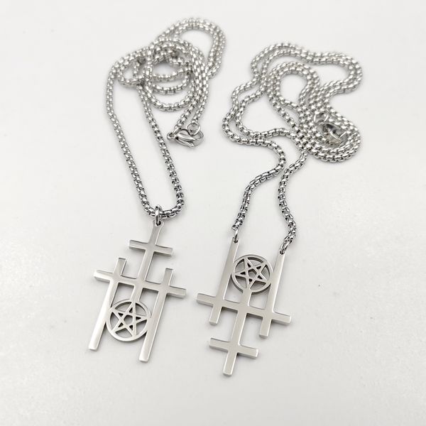 Ожерелье с тройным обратным крестом и пентаграммой из нержавеющей стали, языческая викканская подвеска с перевернутой пентаграммой, сатанинские украшения, религиозное ожерелье, цепь Rolo, 2,5 мм, 24 ''