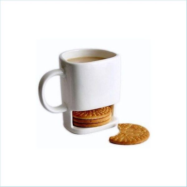 Tazze 250Ml Tazza in ceramica Caffè bianco Tè Biscotti Latte Tazza da dessert Tasche laterali per biscotti Supporto per Home Office Drop Delivery Giardino Ki Dhwei