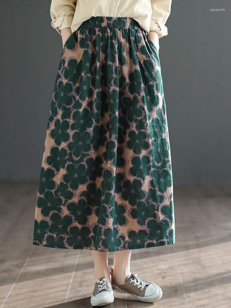 Saias 2023 Mulheres da primavera Mori Girl Impresso Casual Feminino Feminino Moda Cotton Linen Roupas elegante Midi Skirt Elastic Flower