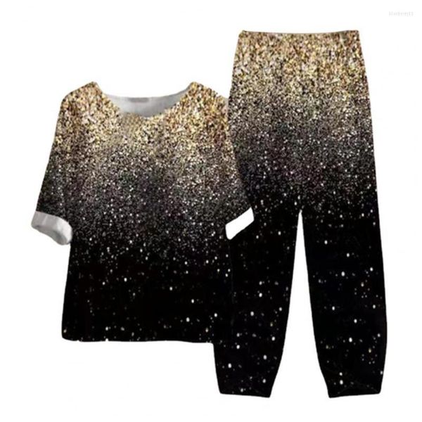 Kadınlar iki parçalı pantolon 2 set kadın kıyafeti 2023 pantolon takım elbise yarım kollu elastik bel pamuklu karışım yıldız tabaka sıradan bluz seti