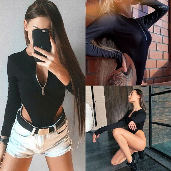 Kadınlar iki parçalı pantolon moda kadın bayanlar streç v boyun uzun kollu fermuar ince fit sıska siyah düz renk seksi bodysuit leotard