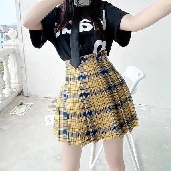 Röcke Sommer 2023 Preppy Cute Yellow Plaid Faltenrock Frauen Mini Female Kawaii High Waist Large Size Short