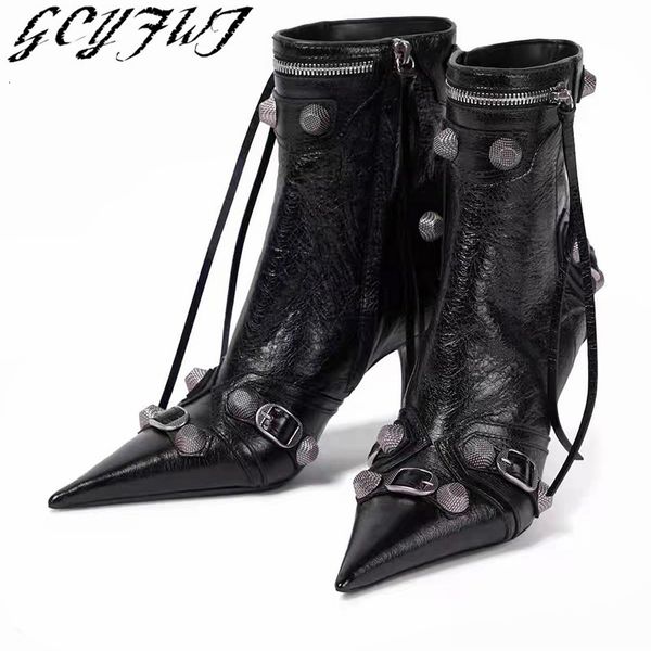 Botas tornozelo feminino para mulheres de metal cool de pés pontiagudos saltos altos moda moda fivela de fivela ocidental booties Sexy Ladies 230330