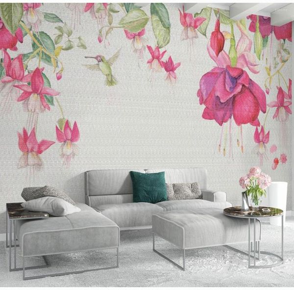 Tapeten Bacaz 3D-rote Blumen-Tapeten-Kunst-Wandbild für Wohnzimmer-Sofa-Hintergrund-Schlafzimmer-Papier-Dekor