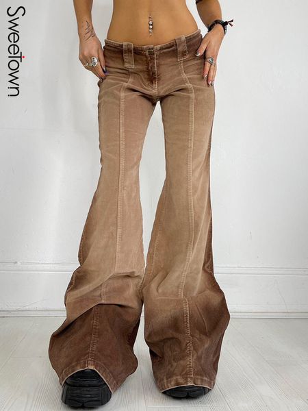 Jeans femininos Sweetwn 2023 Brown lavado vintage costurado mulher queimada na cintura baixa y2k streetwear