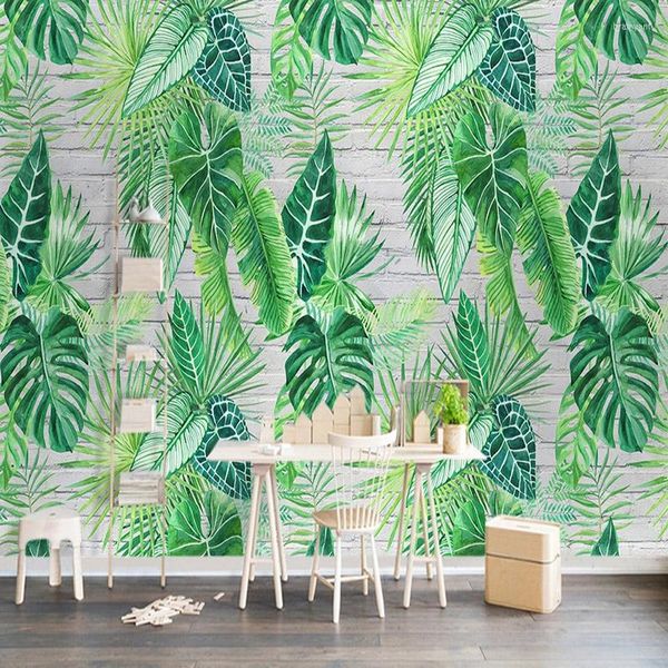 Tapeten benutzerdefinierte selbstklebende Tapete 3D tropische Pflanze grüne Blätter Wandbilder Wohnzimmer Hintergrund Wanddekoration abstrakte Kunstpapiere