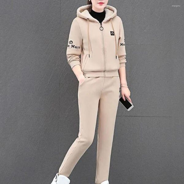 Pantaloni da donna a due pezzi inverno balzo addensato da donna con cappuccio con cappuccio con cappuccio più obliquo di velluto per pantalone velluto set casual autunno