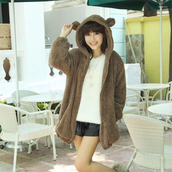 Felpe con cappuccio da donna Kawaii Cartoon Lamb Velvet Cotton Jacket Donna Harajuku Brown Bear Cappotto con cappuccio Cappotto ampio con coda auricolare Dolce caldo