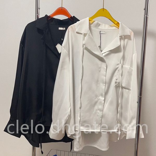 Mode besticktes Logo Damen Seidenhemd mit Band schwarz weiße Bluse SML