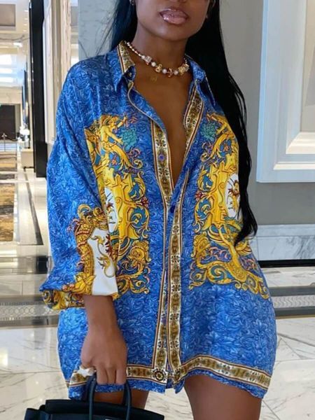 Платья больших размеров LW Размер кнопки дизайна смешанная печатная рубашка платья мода Стильное оборотное воротник Boho Tshir