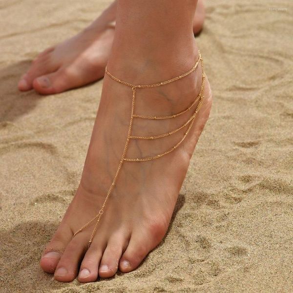 Fußkettchen Trendy Einfache Strand Stil Metall Quaste Kette Zehenring Knöchel Für Frauen Sommer Böhmen Barfuß Sandalen Fußschmuck 2023