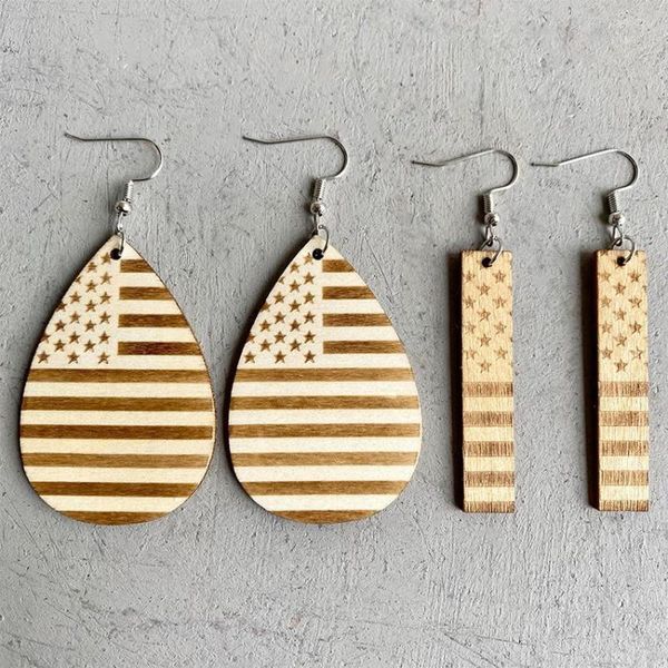 Baumeln Sie Ohrringe Bucolic USA Flag Print Teardrop Rectangle Wood For Women 2023 Unique Star And Stripe Patriotism Jewelry Wholesale