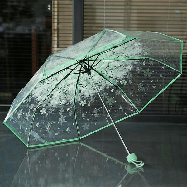 Şemsiye Şeffaf Şemsar Şemsar Rüzgar Geçirmez Kadınlar UV Koruma Güneş Kiraz Çiçeği 3 Yüzen Şemsiye Kadın Hediyesi Şemsiye Yağmur Coduct 230330