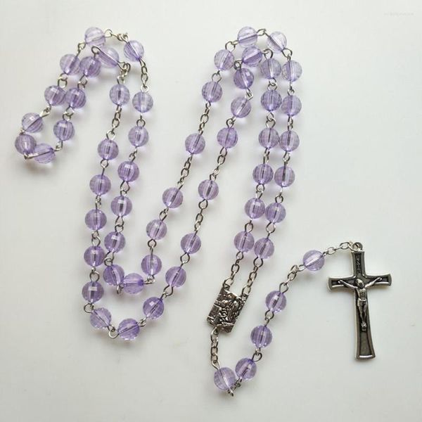 Colares pendentes cotvoreligious chiclet cadeia de miçangas roxas Nossa Senhora de Lourdes Virgin Mary Medalha Crucifixo Colar Cross Rosário