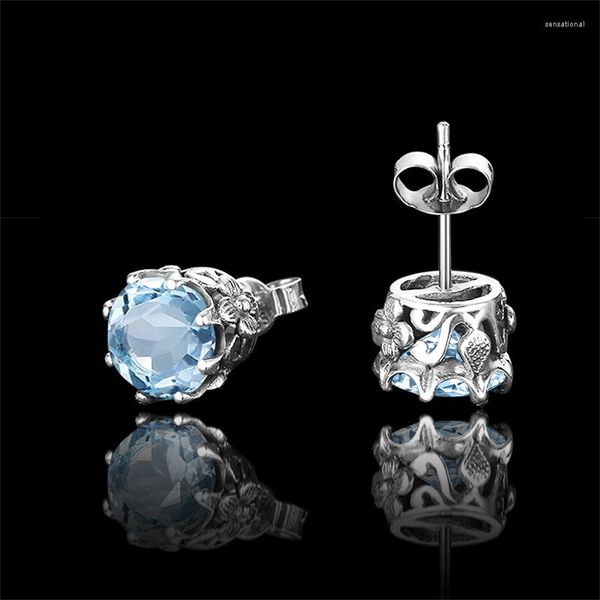 Brincos de garanhão Luxo Round Round criou o Sky Blue Topaz Solid 925 Sterling Silver Gemstone For Women Fine Jewellery Trend