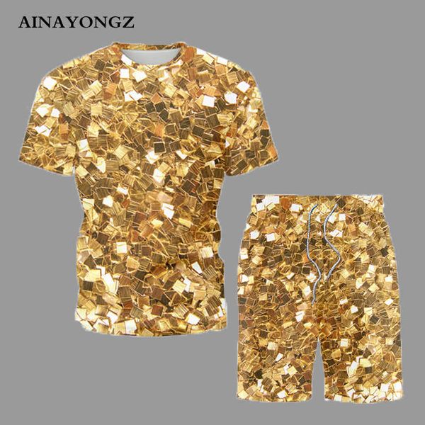 Tute da uomo 2022 Nuova tendenza Abbigliamento uomo Estate Set corto T-shirt con stampa digitale in oro lucido Pantaloncini Abito da spiaggia Abbigliamento casual Abiti maschili W0322