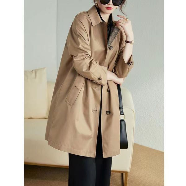 Trench da donna 2023 Cappotto Allmatch stile britannico di media lunghezza primavera e autunno Giacche da donna cachi allentate monopetto 230331