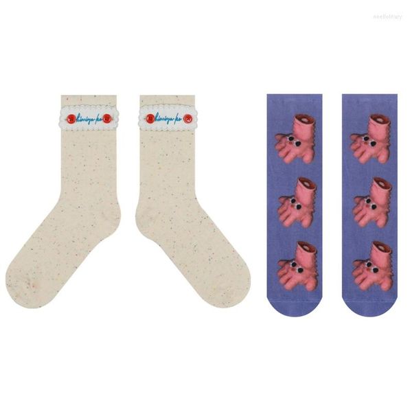 Women Socks 649d Harajuku новинка хлопковая команда смешная мультфильм маленькая ручная печать кнопка вышивки патч Hip Hop Skateboard Mid Tube