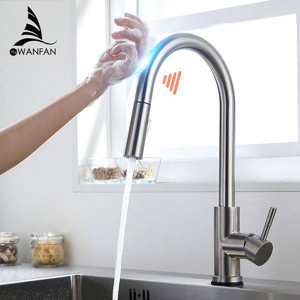 Küchenarmaturen Bürste Nickel Touch Küchenarmaturen Kran Für Sensor Küche Wasserhahn Waschbecken Mixer Drehen Touch Wasserhahn Sensor Wassermischer KH1005 230331