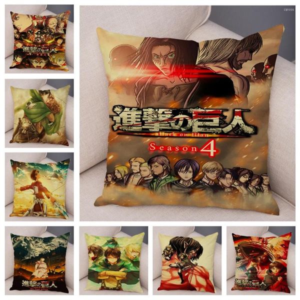 Pillow Attack On Titan Cover Decor Cartoon Japanese Anime Print Case Weicher Plüsch-Kissenbezug für Auto, Sofa, Zuhause, 45 x 45 cm