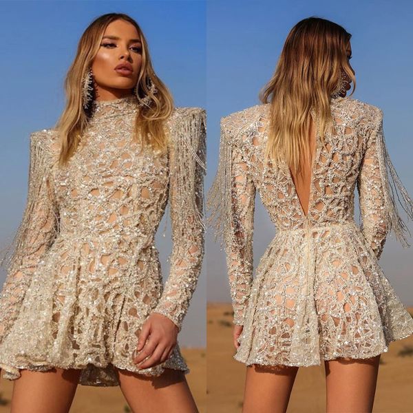 Sexy mini-abito da sera da sera con nappa lucida Nuovo scollo a V profondo Prom Piega a maniche lunghe Lllusion Tipo di temperamento Abiti da sposa Robes De Mariee