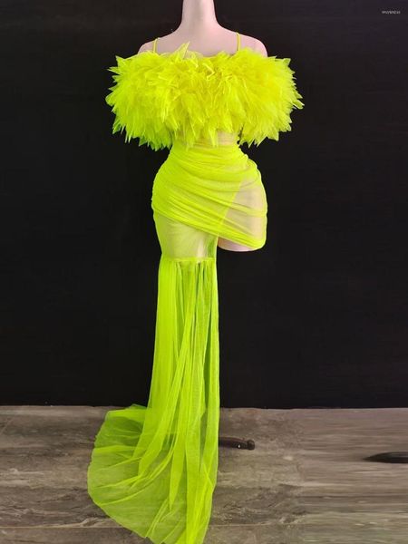 Abbigliamento da palcoscenico Abito asimmetrico con cinturino per spaghetti sexy in garza verde fluorescente per le donne Costumi da concerto di ballo di stoffa per celebrità