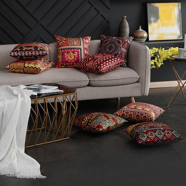 Cuscino Natale Marocco Fodera decorativa Custodia decorativa di lusso vintage nazionale geometrico rosso arancione accogliente divano in morbido velluto
