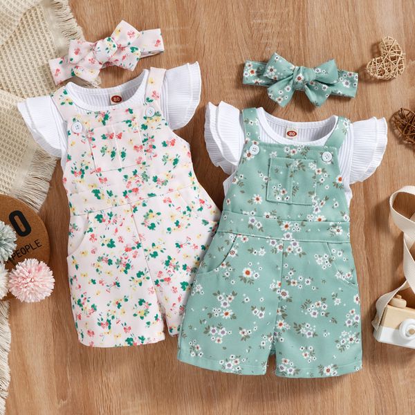 Roupas conjuntos de roupas infantil meninas 3pcs calças de manga de mosca plain cisas de tripulação floral tiras ajustáveis ​​suspensor curto bandeira da cabeça do arco 230331