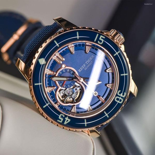 Relógios de punho Recife Tiger/RT Super Luminous Dive Watches for Men Nylon Strap Aço inoxidável com Data RGA3039