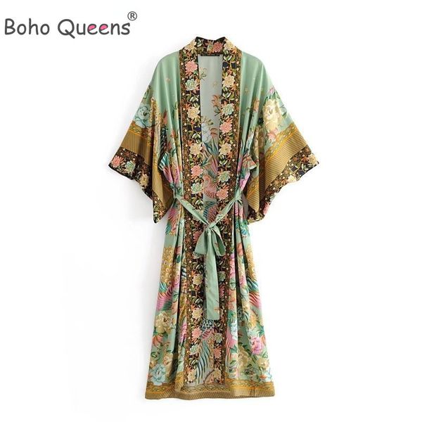 Moda de banho feminina boho queens feminino pavão pavão com manga de morcego floral praia bohemian kimono ladies v pescoço verão happie tobe biquíni