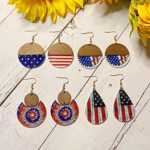 Brincos de Dangle Special 4 de julho American Flag Teardrop Wood Wood Acrílico Independência Dia Rodada Patriotismo Jóias por atacado