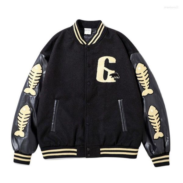 Jackets masculinos High Street Baseball Baseball Bear Borderyer Letter Pu Leather Streetwear