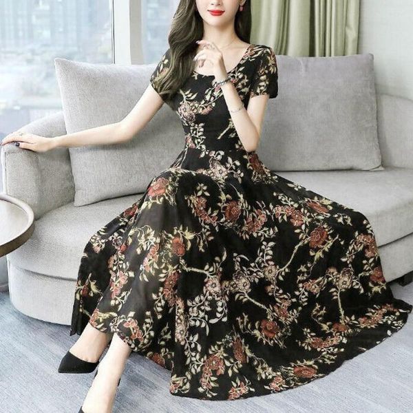 Casual Kleider 2023 Sommerkleid Frauen Elegant O-Ausschnitt Kurzarm Blumen Elastisch Dames Jurken Fashion Straight #YJ