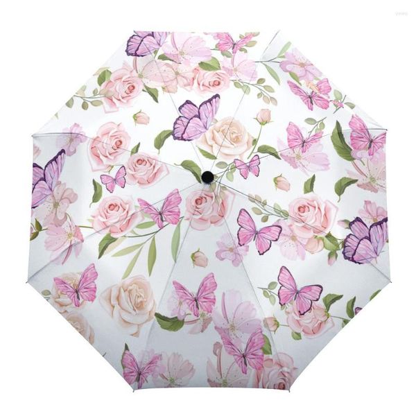 Regenschirme Blumen Schmetterling Rosa Druck Frauen Männer Regenschirm Drei Falten Mädchen Langlebig Tragbar Automatischer Geschenk Sonnenschirm