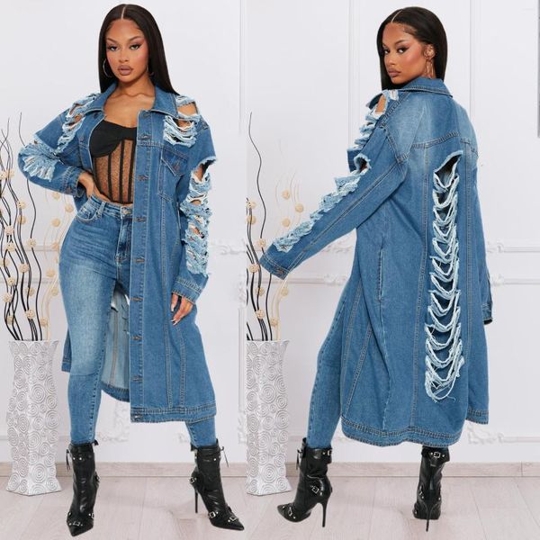 Damenjacken Zerrissene Denim-Windjacke Sexy Frauen aushöhlen Elegante lässige Jeans Lange Oberbekleidungsjacke