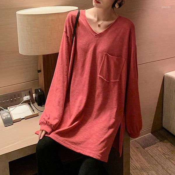 T-shirt da donna Primavera Autunno Scollo a V Solido Manica lunga Oversize Basic All Match Tee Shirt Donna Casual Allentato Semplice Tunica Top Donna