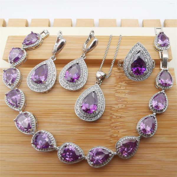 Halskette Ohrringe Set Birnenförmiger Amethyst Tansania Haoshi Schmuck im europäischen und amerikanischen Stil Armband Ring Vierteilig