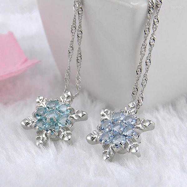 Collane con ciondolo Charm Vintage Lady Cristallo blu Fiocco di neve Zircone Fiore Pendenti Gioielli Regalo per donne Ragazze