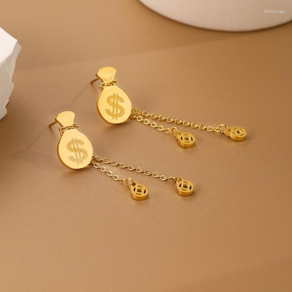 Brincos de balanço de dinheiro para jóias de jóias femininas Cabine de coinia de titânio de titânio 14K Drop de luxo de ouro real