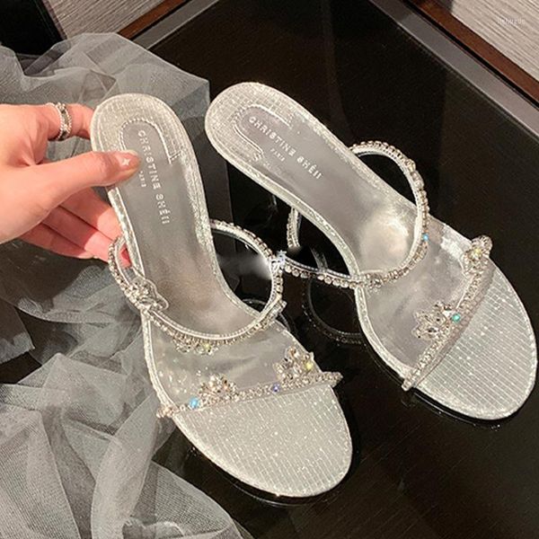 Terlik Marka Crystal Women Kalın 2023 Slingback yaz sandalet moda bayan topuklu ayakkabılar kaymaz flip flops femme