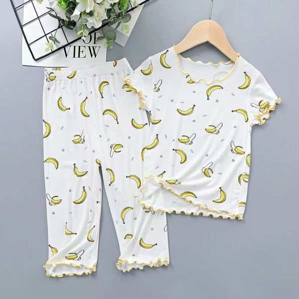Pijama meninas meninas verão Autumn Manga curta Banana Pijama Conjunto de calças cetim Menina mole de pijama Conjunto de roupas para casa infantil
